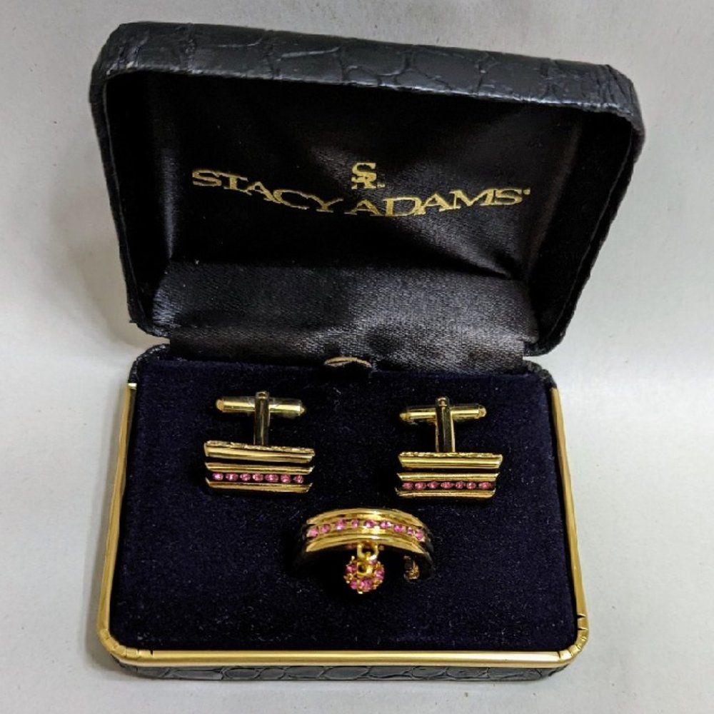 🆕 GOLD TONED WITH PINK CRYSTALS CUFF LINKS w/TIE CLIP - MEN